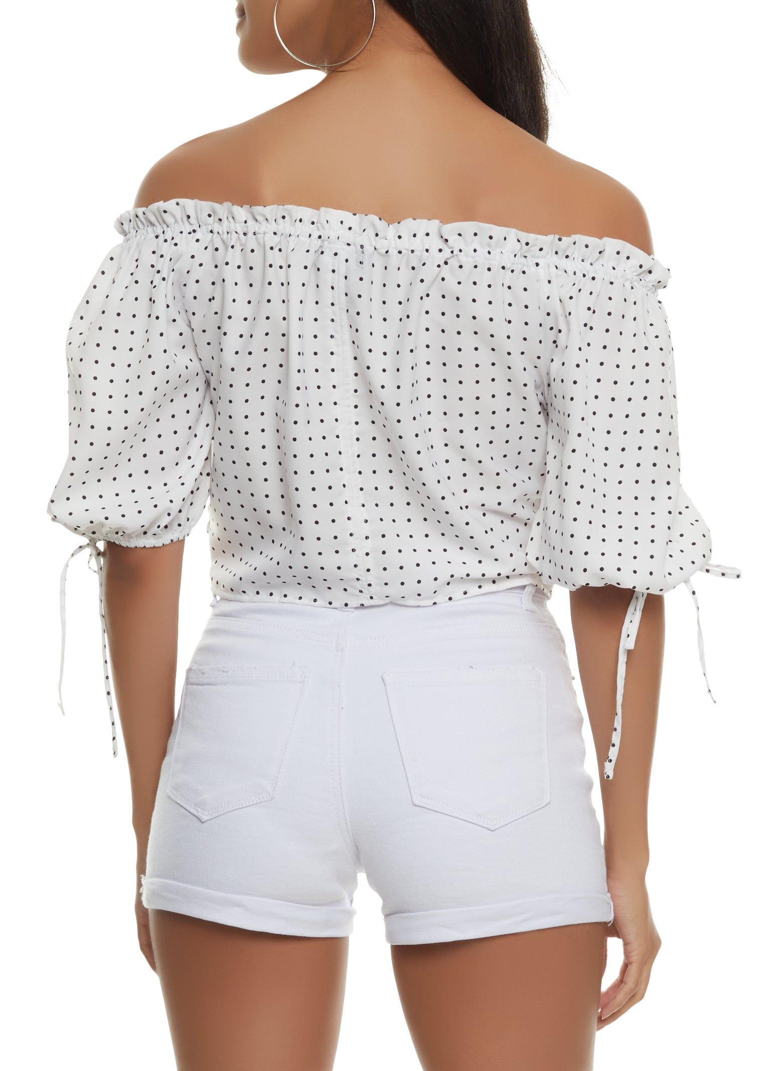 Polka Dot Ruched Zip Front Off the Shoulder Top sold by Rainbow product image thumbnail 2