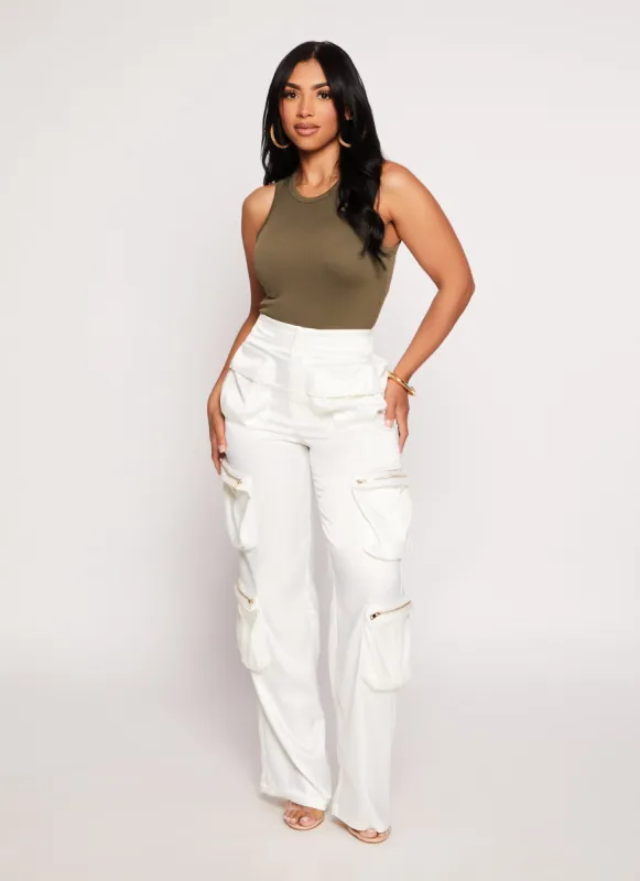 Satin High Waist Wide Leg Cargo Pants sold by Rainbow