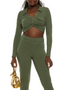Rib Knit Collared Twist Front Crop Top sold by Rainbow
