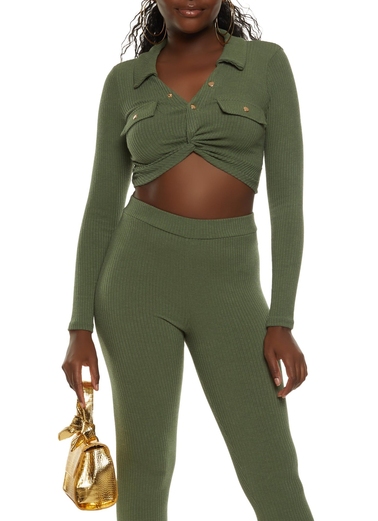 Rib Knit Collared Twist Front Crop Top sold by Rainbow