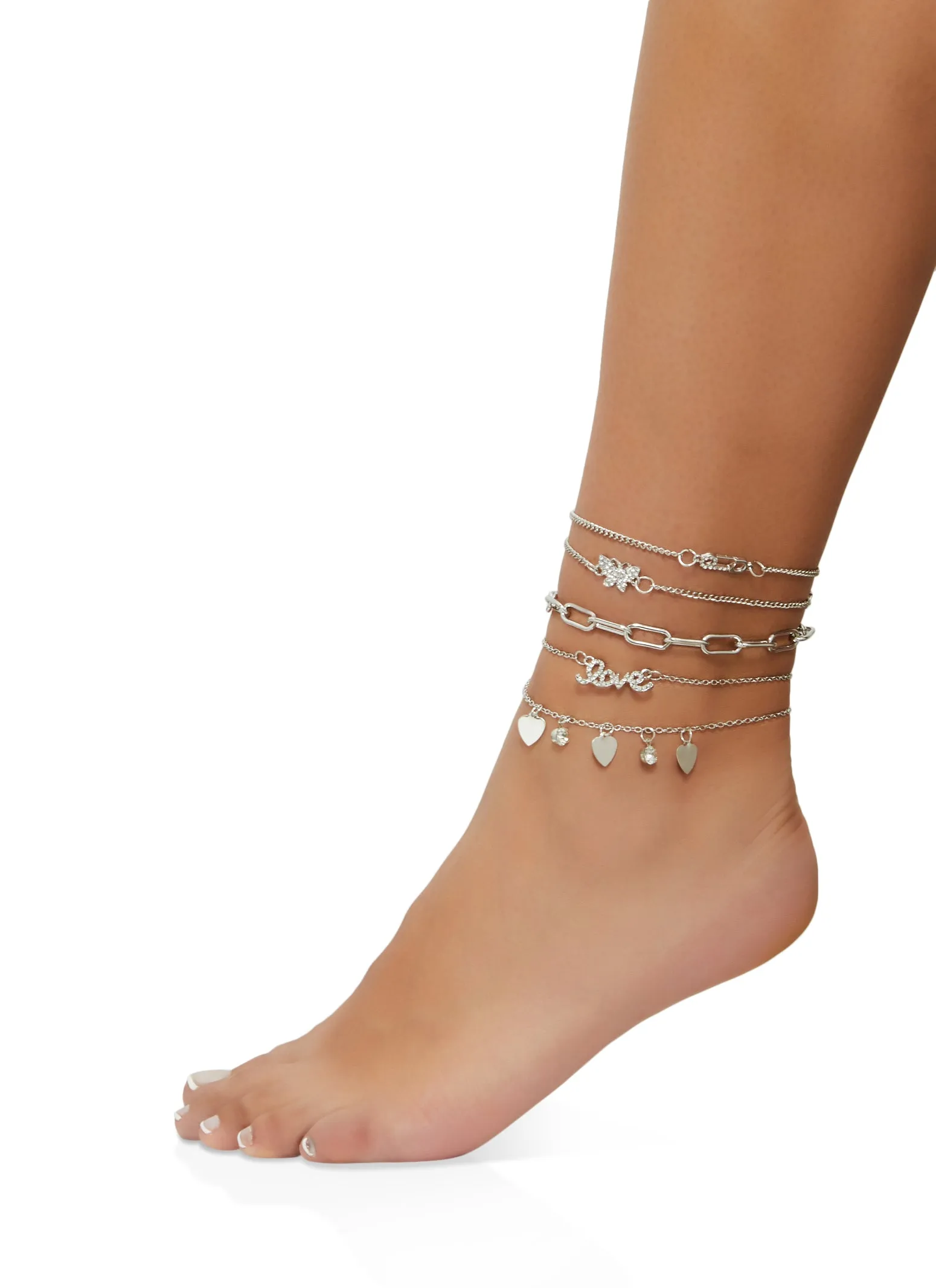 Cubic Zirconia Heart Charm Anklets Set of 5 sold by Rainbow