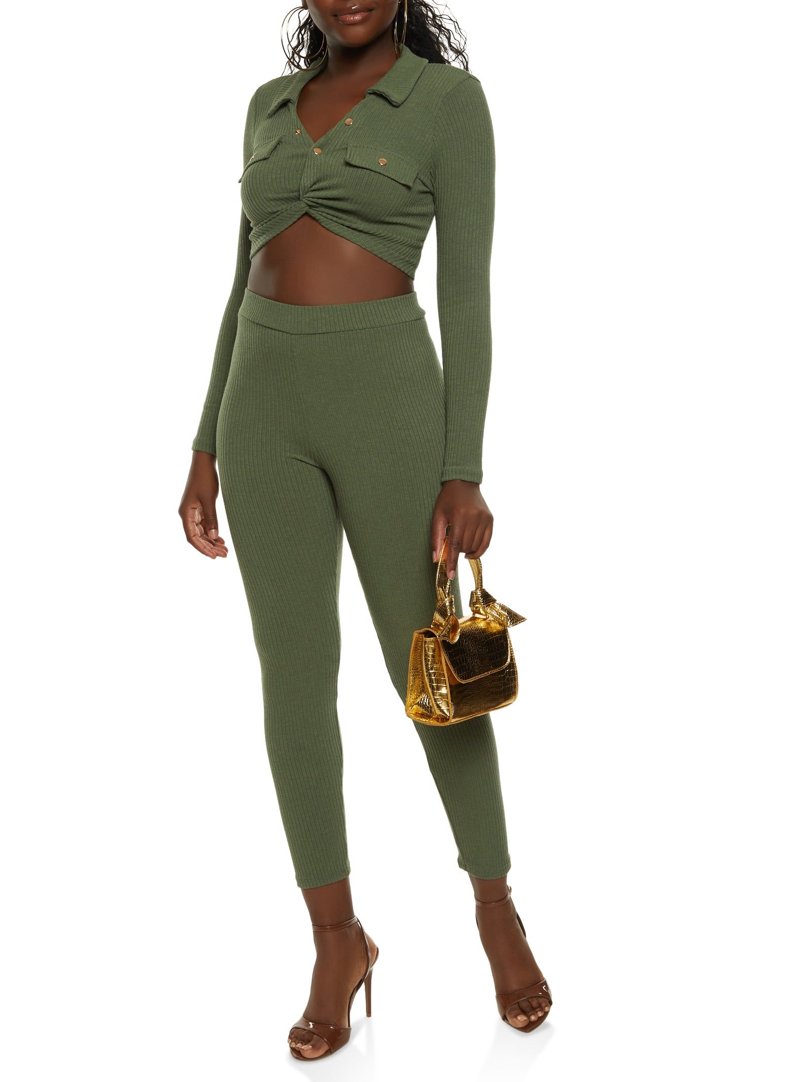 Rib Knit Collared Twist Front Crop Top sold by Rainbow product image thumbnail 2