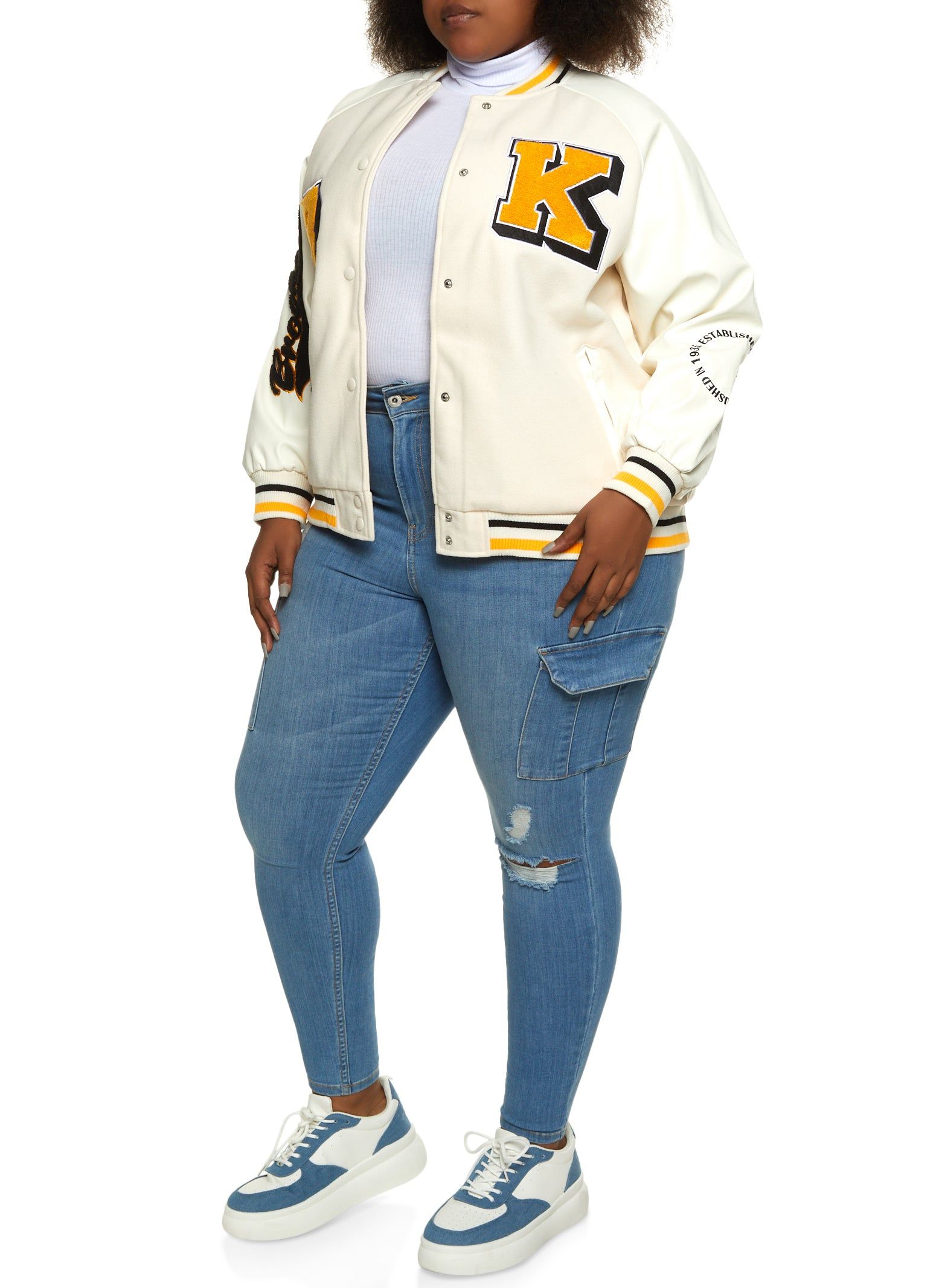 Plus Size PU Sleeve Brooklyn Chenille Patch Varsity Jacket sold by Rainbow product image thumbnail 2