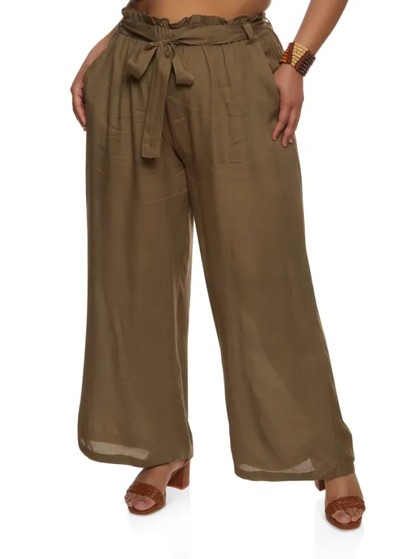 Plus Size Paper Bag Waist Pocket Palazzo Pants sold by Rainbow