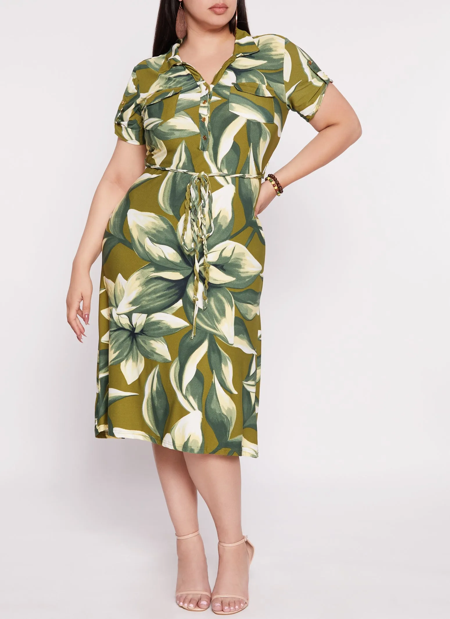 Plus Size Floral Print Tie Waist Belted Shirt Dress sold by Rainbow