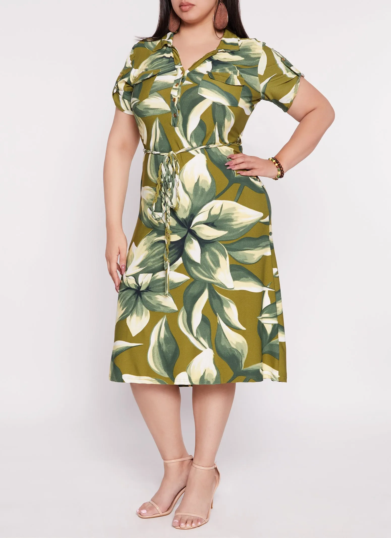 Plus Size Floral Print Tie Waist Belted Shirt Dress sold by Rainbow product image thumbnail 2