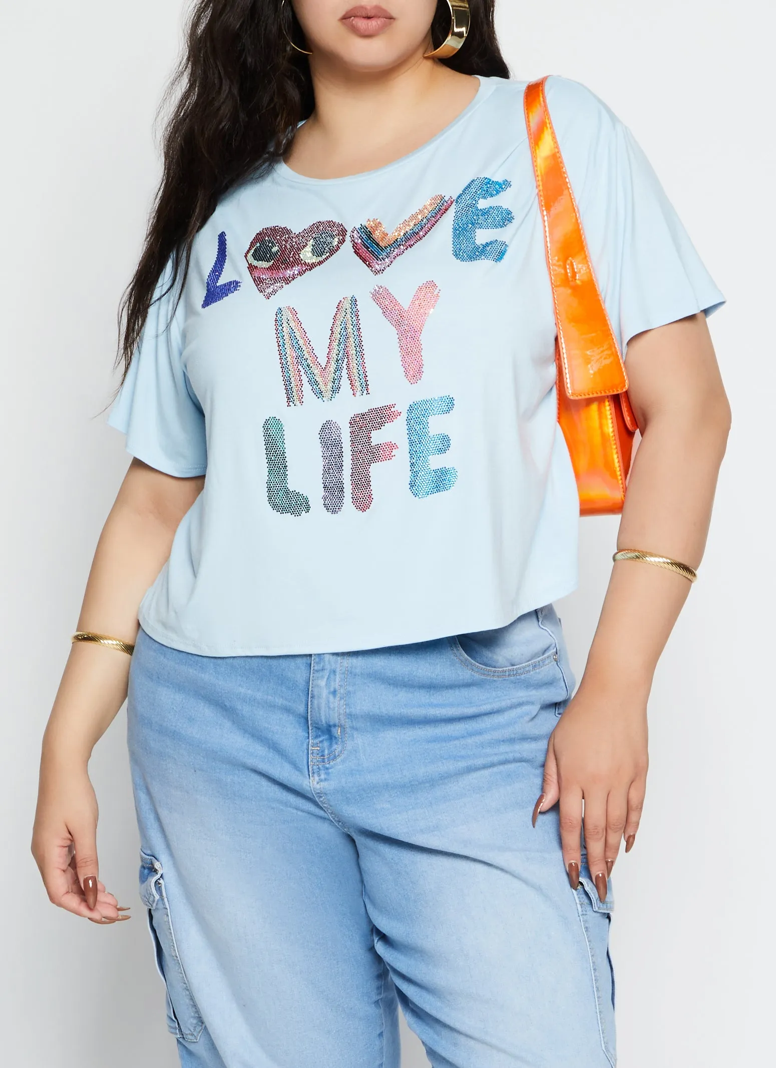 Plus Size Rhinestone Love My Life T Shirt sold by Rainbow