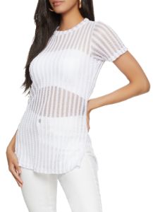 Striped Mesh Detail Side Slit Tunic Top sold by Rainbow