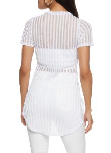 Striped Mesh Detail Side Slit Tunic Top sold by Rainbow