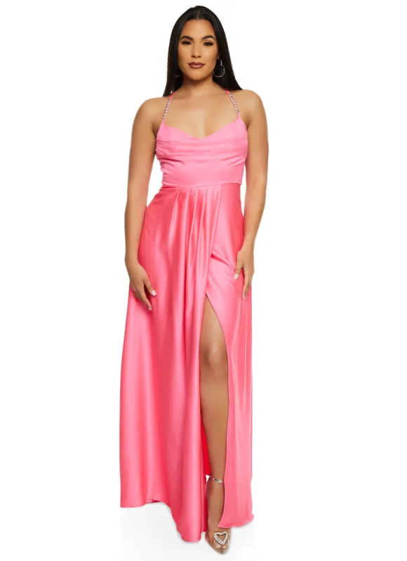 Haute Monde Rhinestone Strap Satin Maxi Dress sold by Rainbow