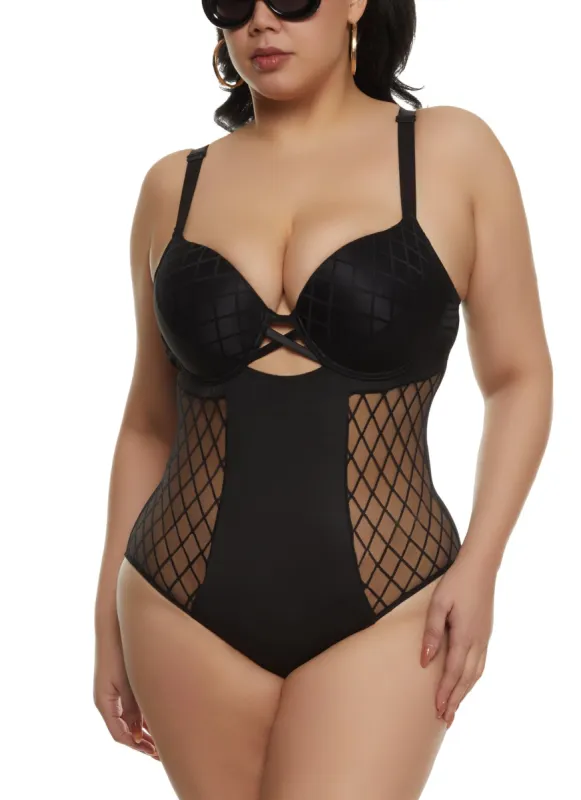 Plus Size Geo Mesh Sleeveless Bodysuit sold by Rainbow