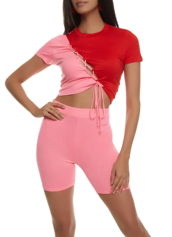 Color Blocked Lace Up Cropped Tee sold by Rainbow