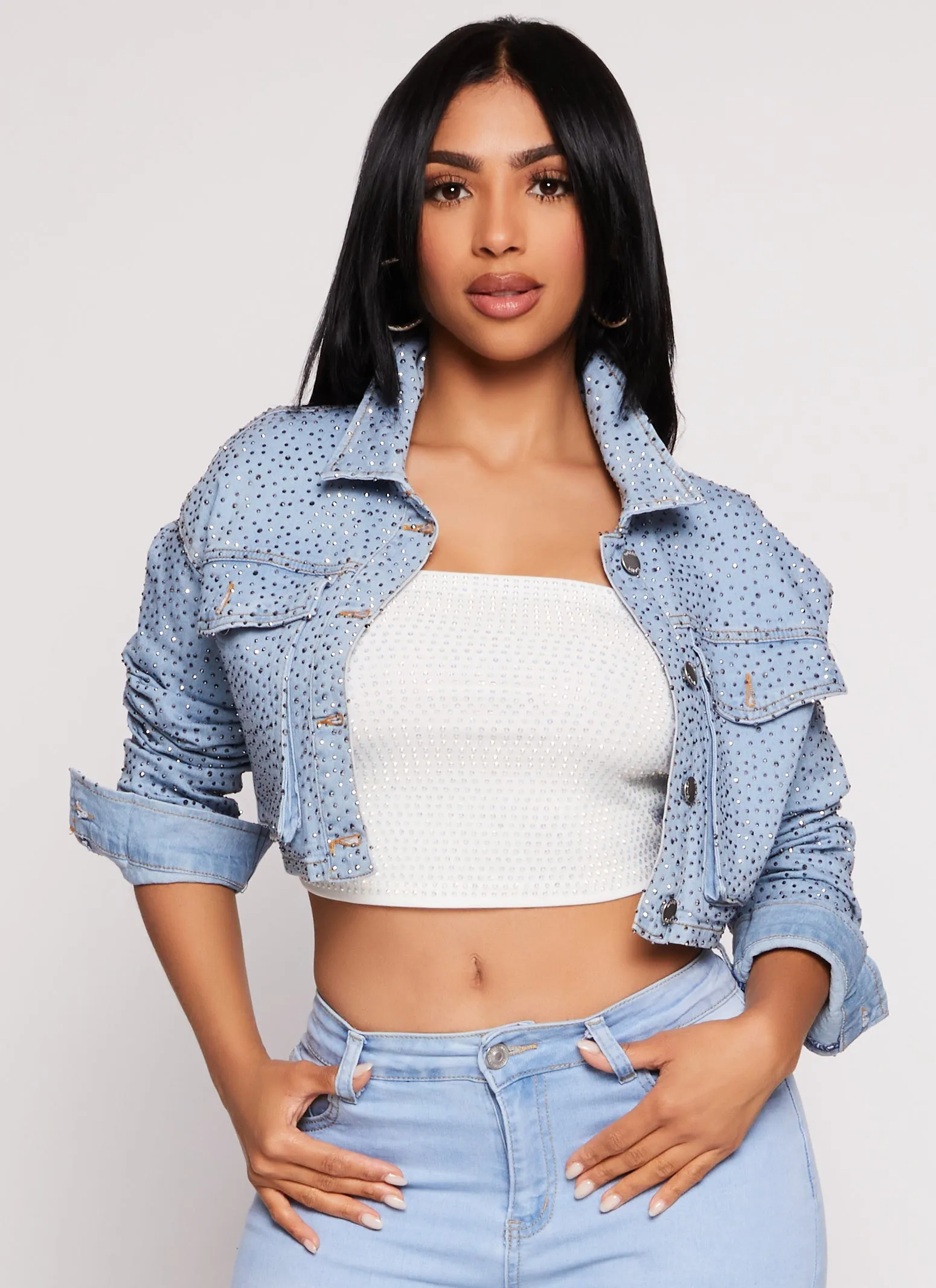 Daisy Rhinestone Cropped Jean Jacket sold by Rainbow
