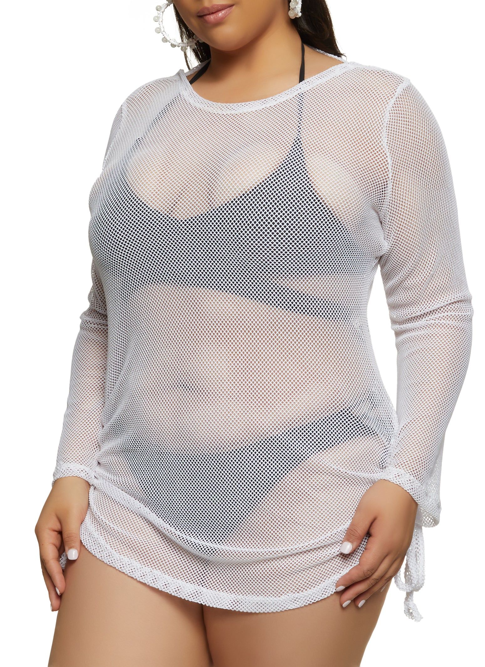 Plus Size Fishnet Open Tie Back Long Sleeve Top sold by Rainbow product image thumbnail 3