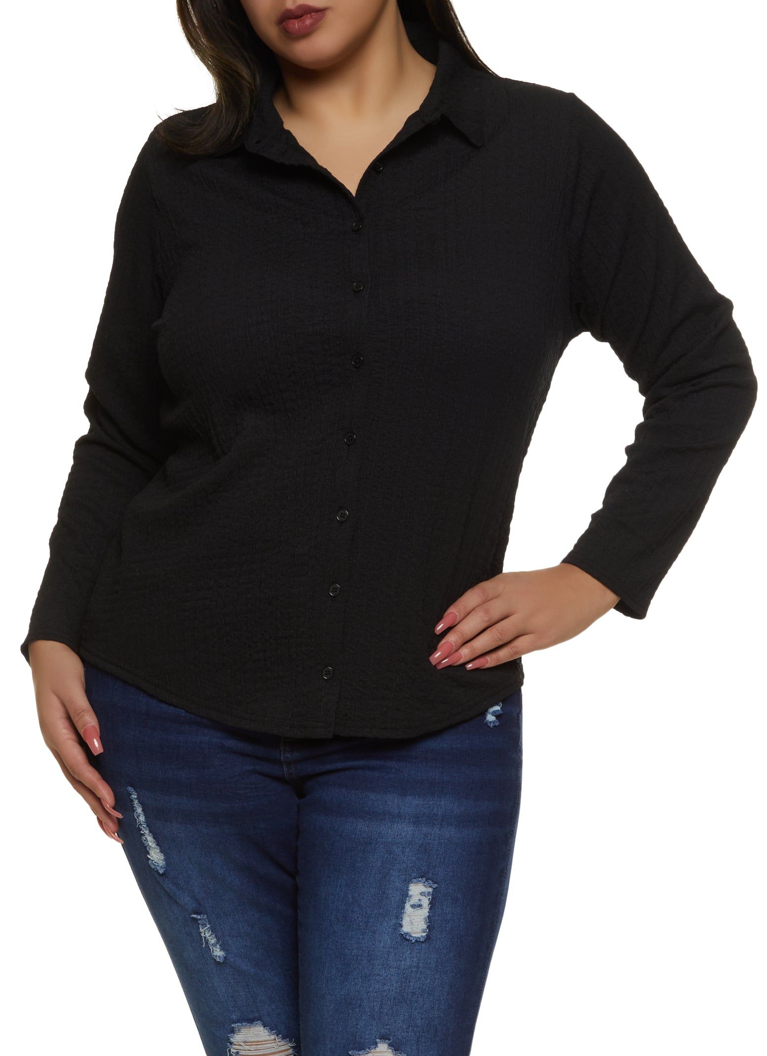 Plus Size Crepe Knit Button Front Shirt sold by Rainbow