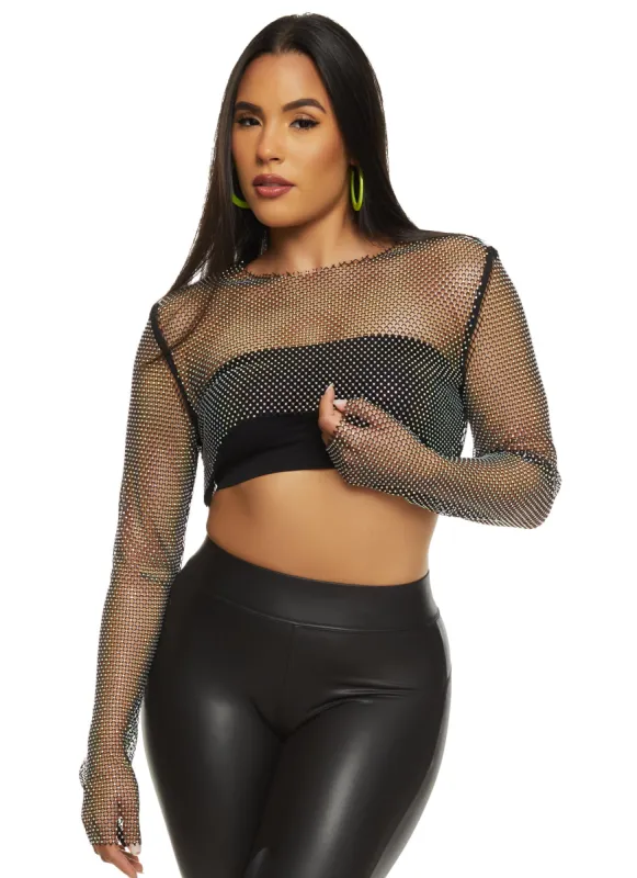 Rhinestone Fishnet Cropped Long Sleeve Top sold by Rainbow