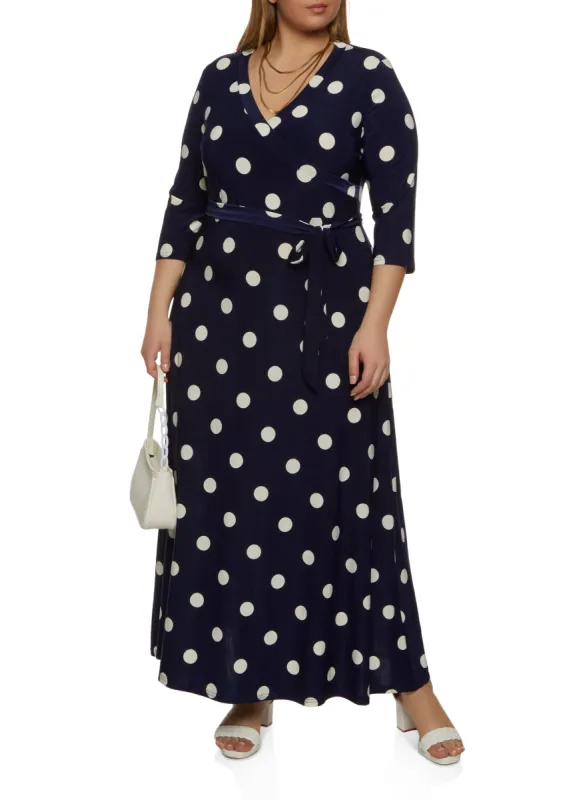 Plus Size Tie Waist Belted Polka Dot Faux Wrap Dress made by Rainbow