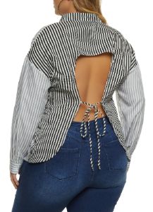 Plus Size Striped Open Back Button Front Top sold by Rainbow