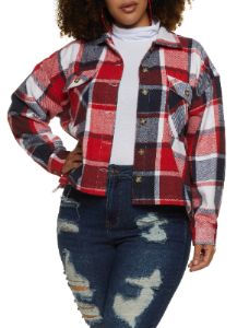 Plus Size Plaid Brushed Knit Cropped Shacket sold by Rainbow