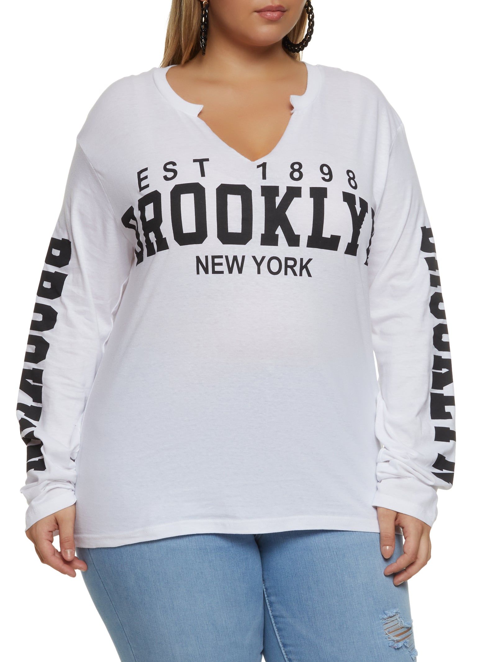 Plus Size Brooklyn Long Sleeve Graphic Tee sold by Rainbow