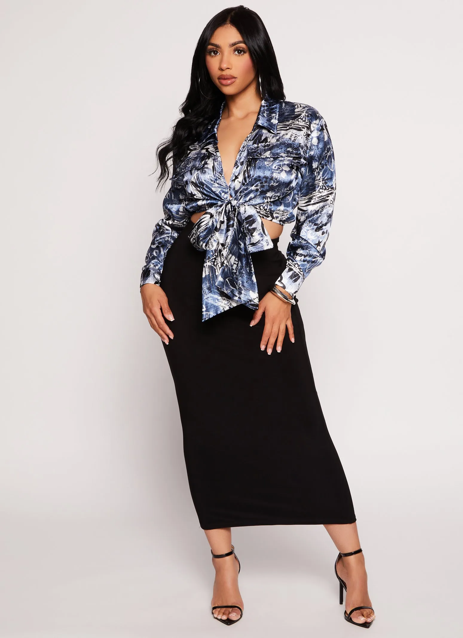 Satin Printed Long Sleeve Tie Front Blouse sold by Rainbow product image thumbnail 2