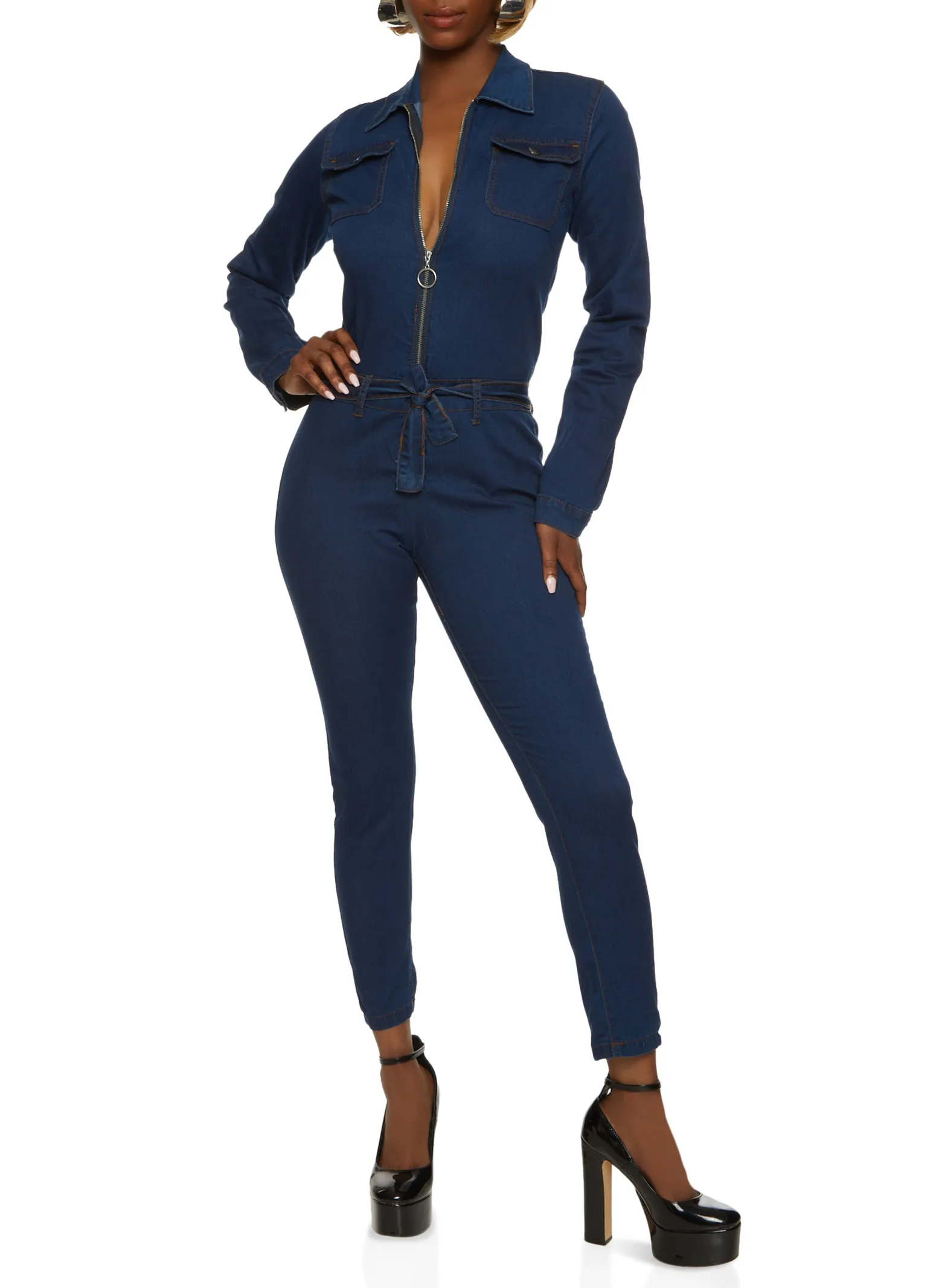 VIP Zip Front Denim Jumpsuit sold by Rainbow