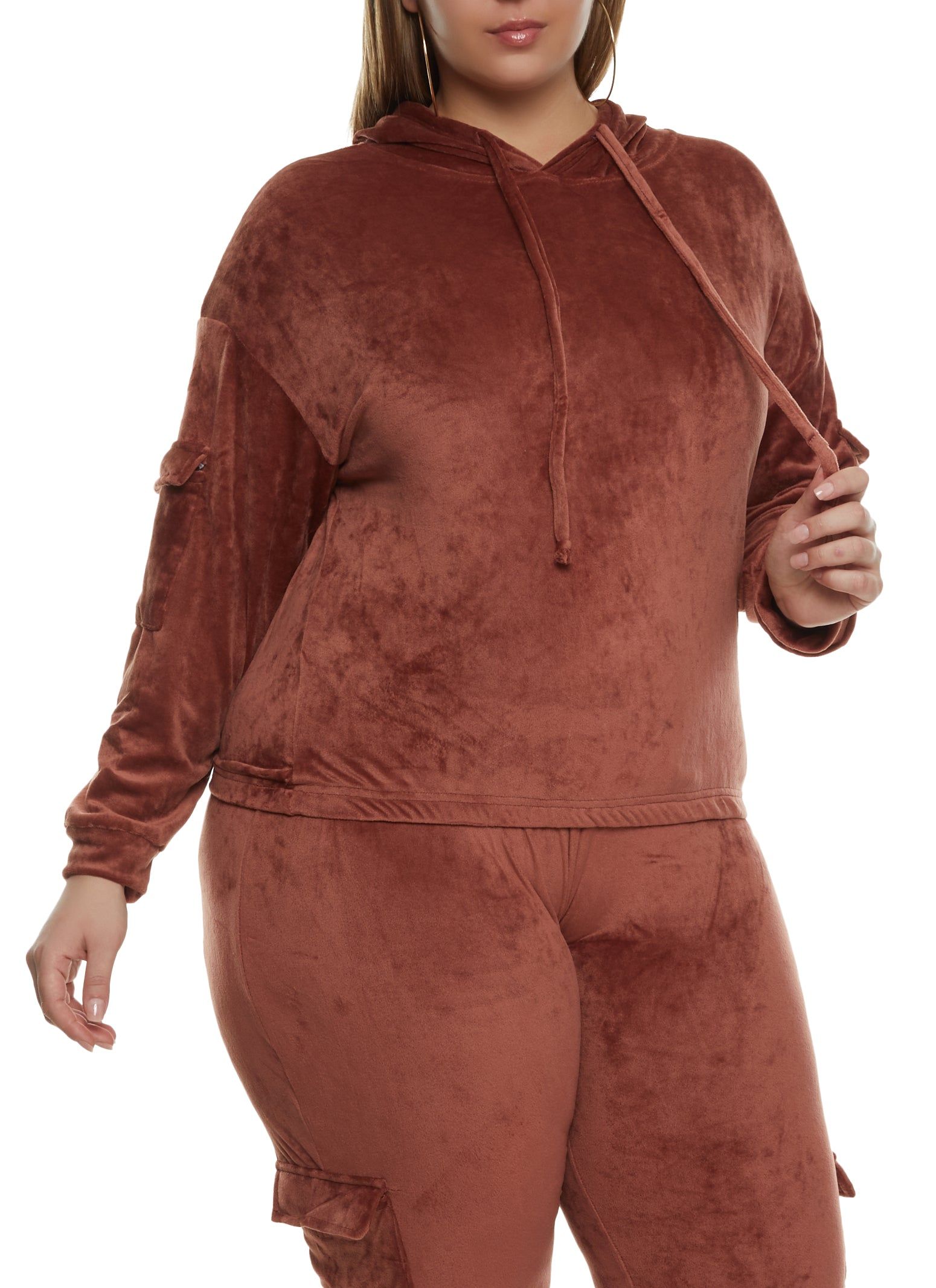 Plus Size Velour Cargo Pocket Sleeve Hoodie sold by Rainbow