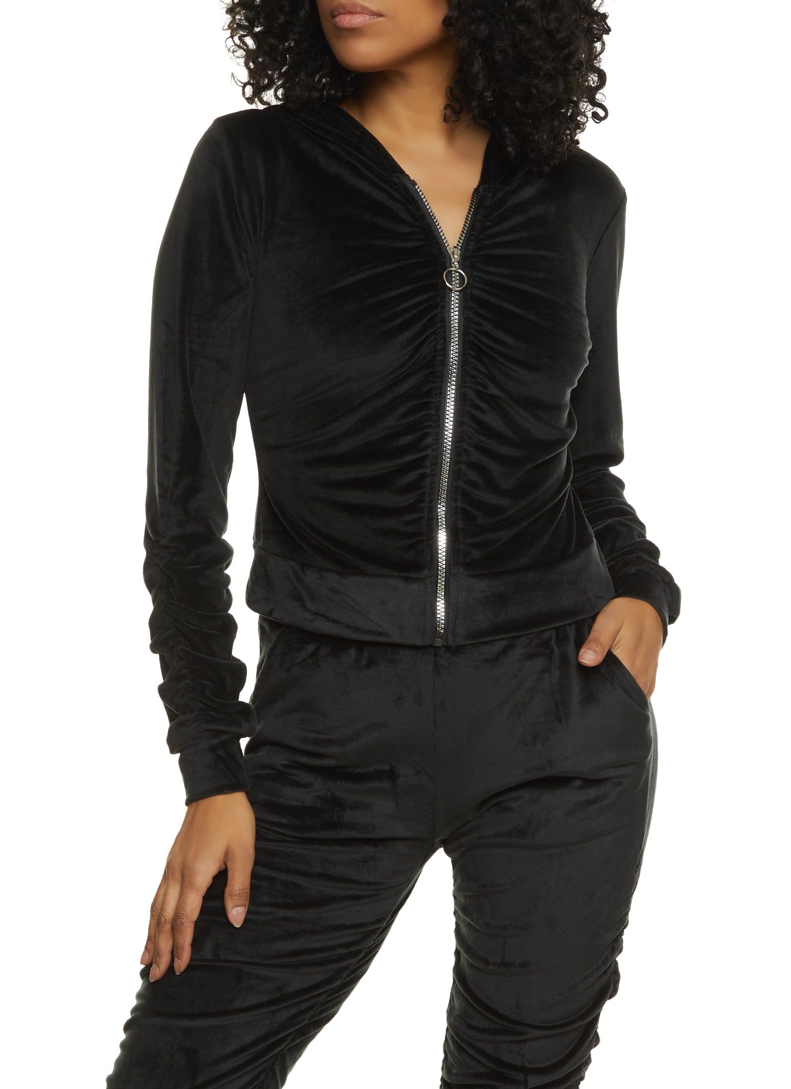 Solid Velour Ruched Zip Front Hoodie sold by Rainbow