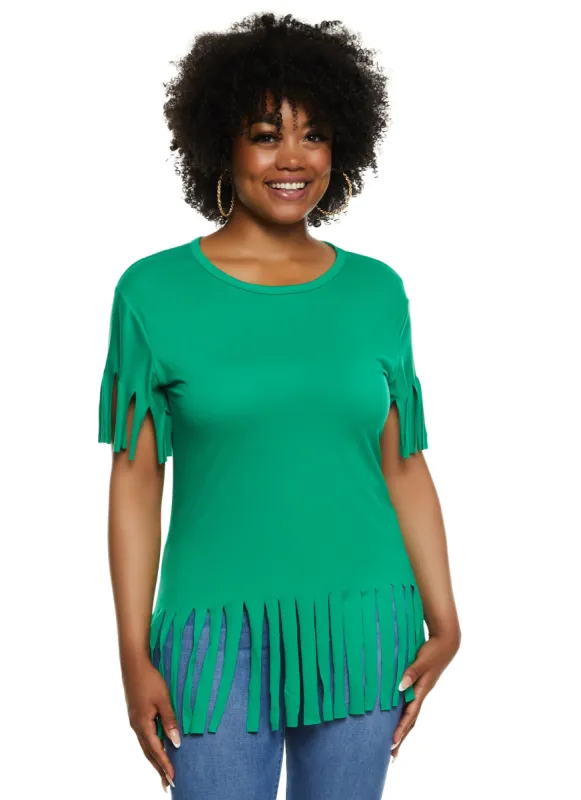 Plus Size Short Sleeve Fringe Hem T Shirt sold by Rainbow