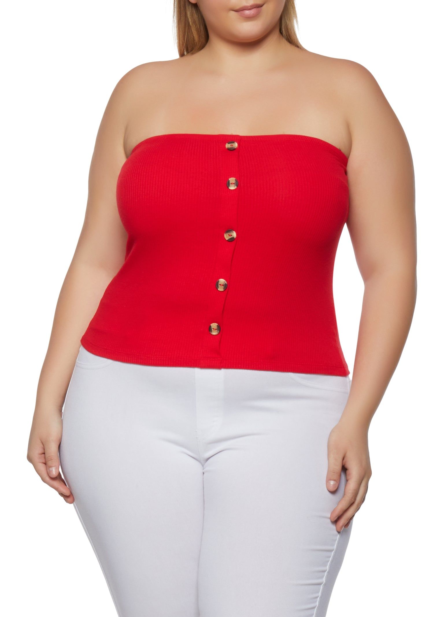 Plus Size Button Detail Ribbed Tube Top sold by Rainbow