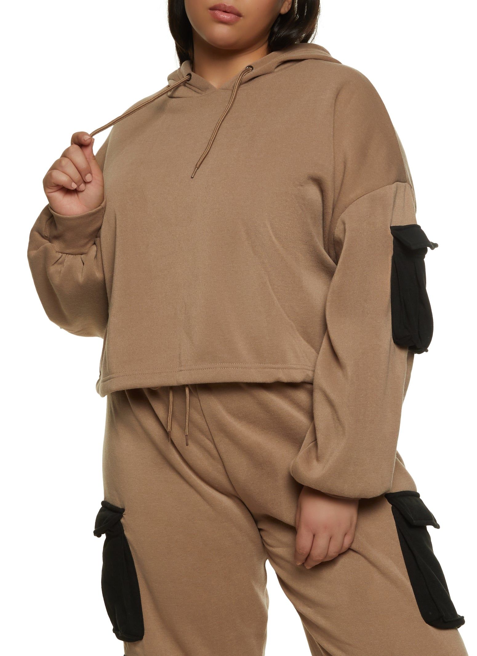 Plus Size Color Block Cargo Pocket Cropped Hoodie sold by Rainbow