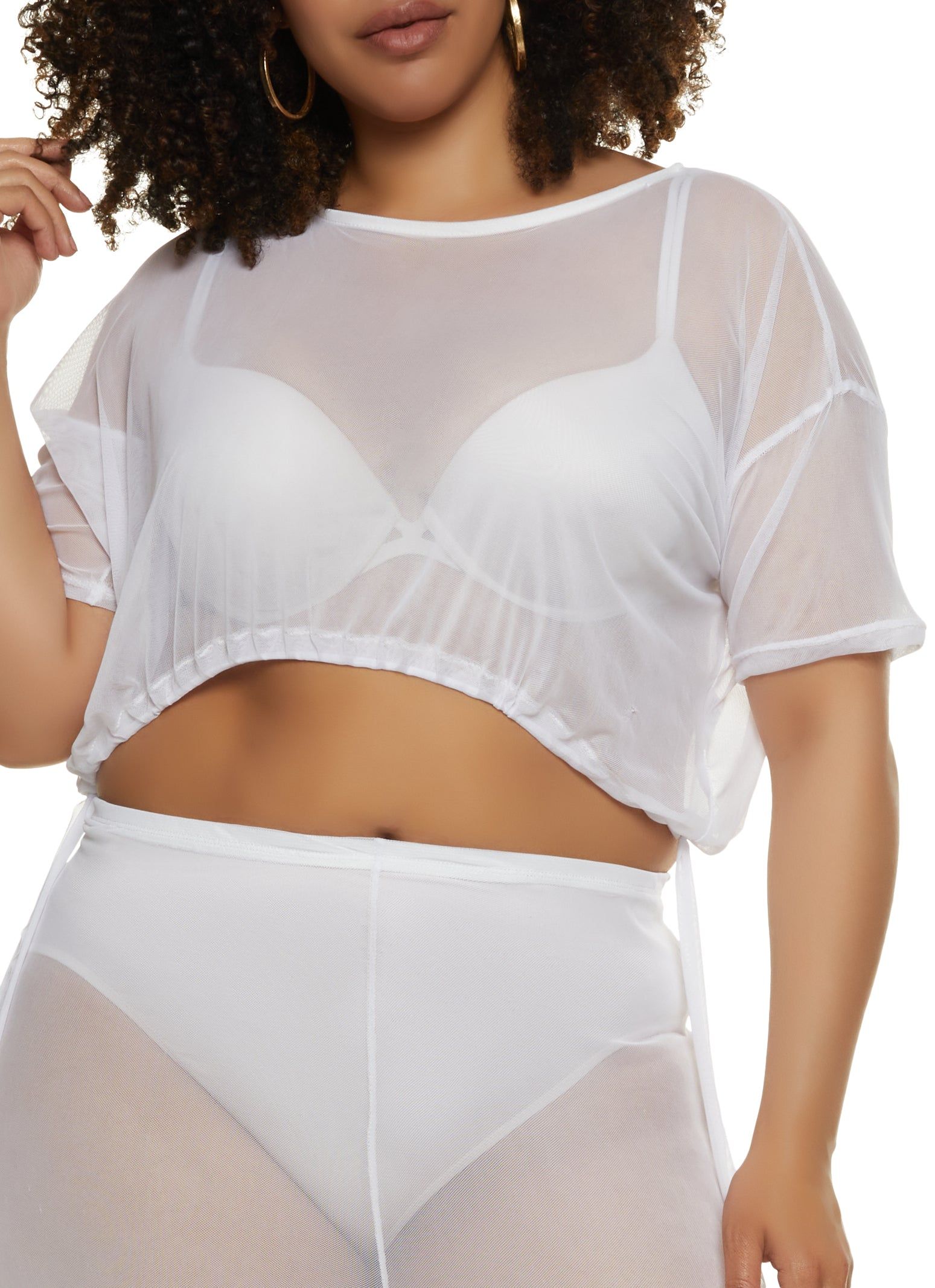 Plus Size Mesh Drawstring Hem Crop Top sold by Rainbow