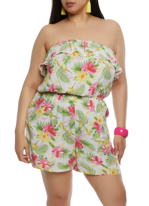 Plus Size Floral Print Pocket Strapless Romper sold by Rainbow