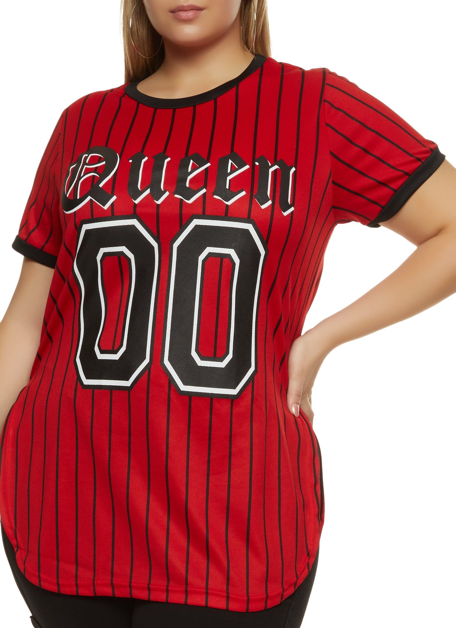 Plus Size Mesh Queen Pinstripe Baseball Tee sold by Rainbow