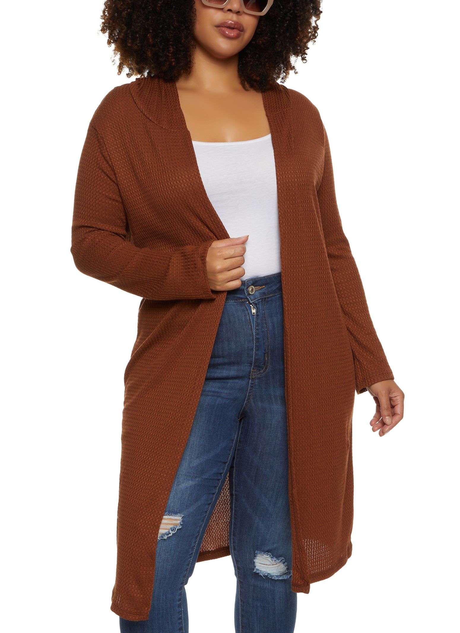 Plus Size Waffle Knit Hooded Long Cardigan sold by Rainbow