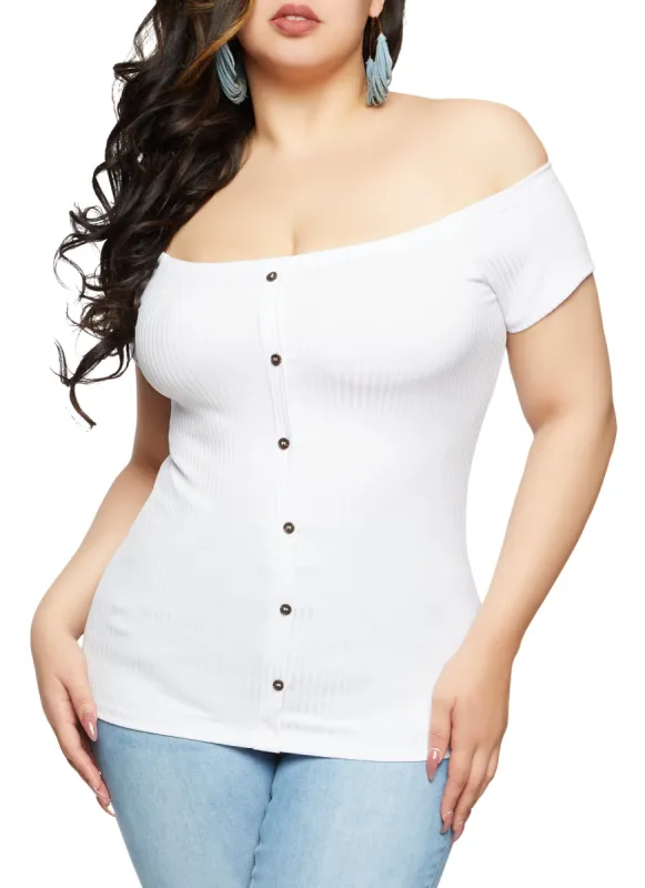 Plus Size Rib Knit Button Detail Off the Shoulder Top sold by Rainbow