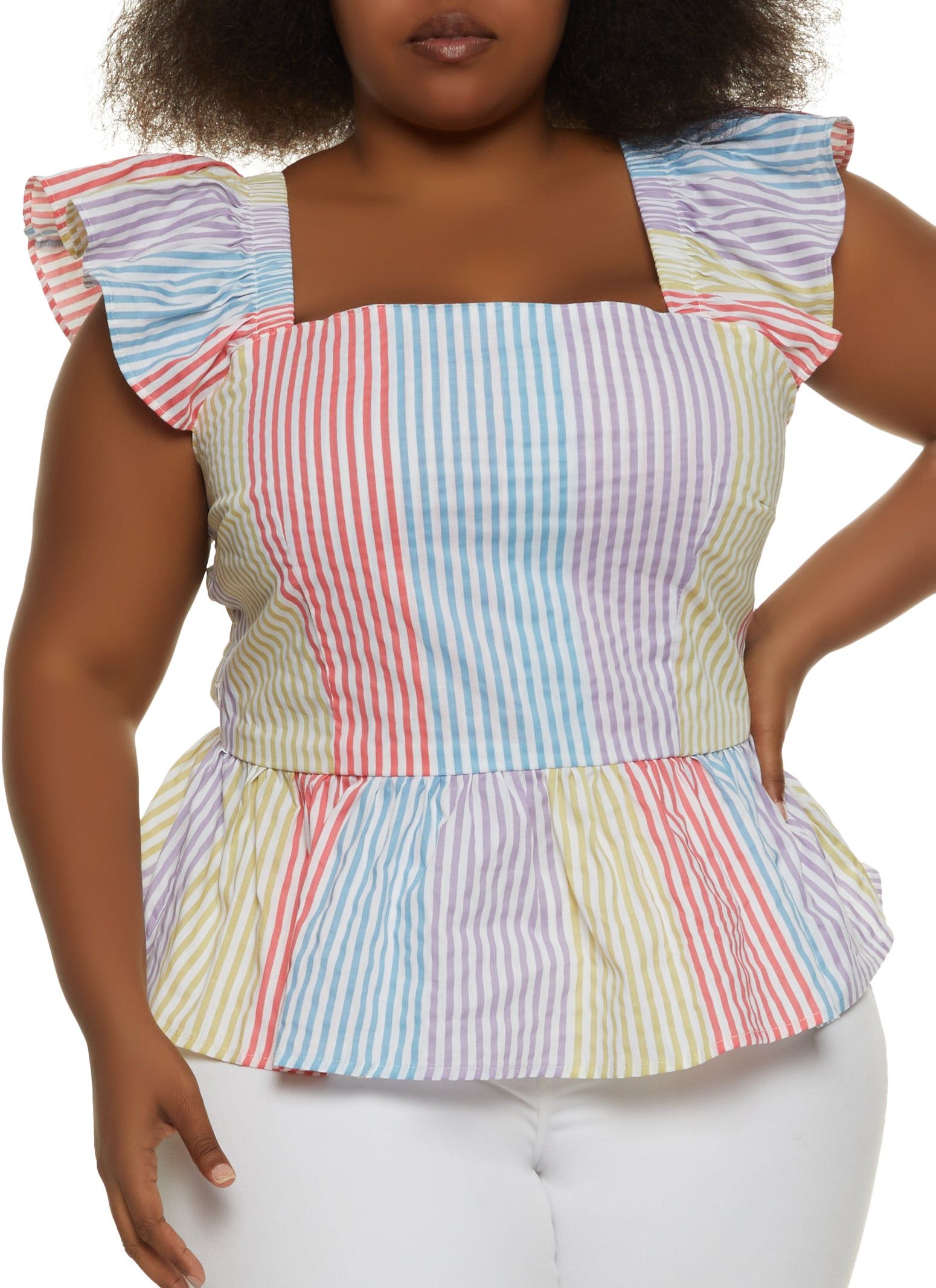Plus Size Multi Striped Smocked Peplum Top sold by Rainbow