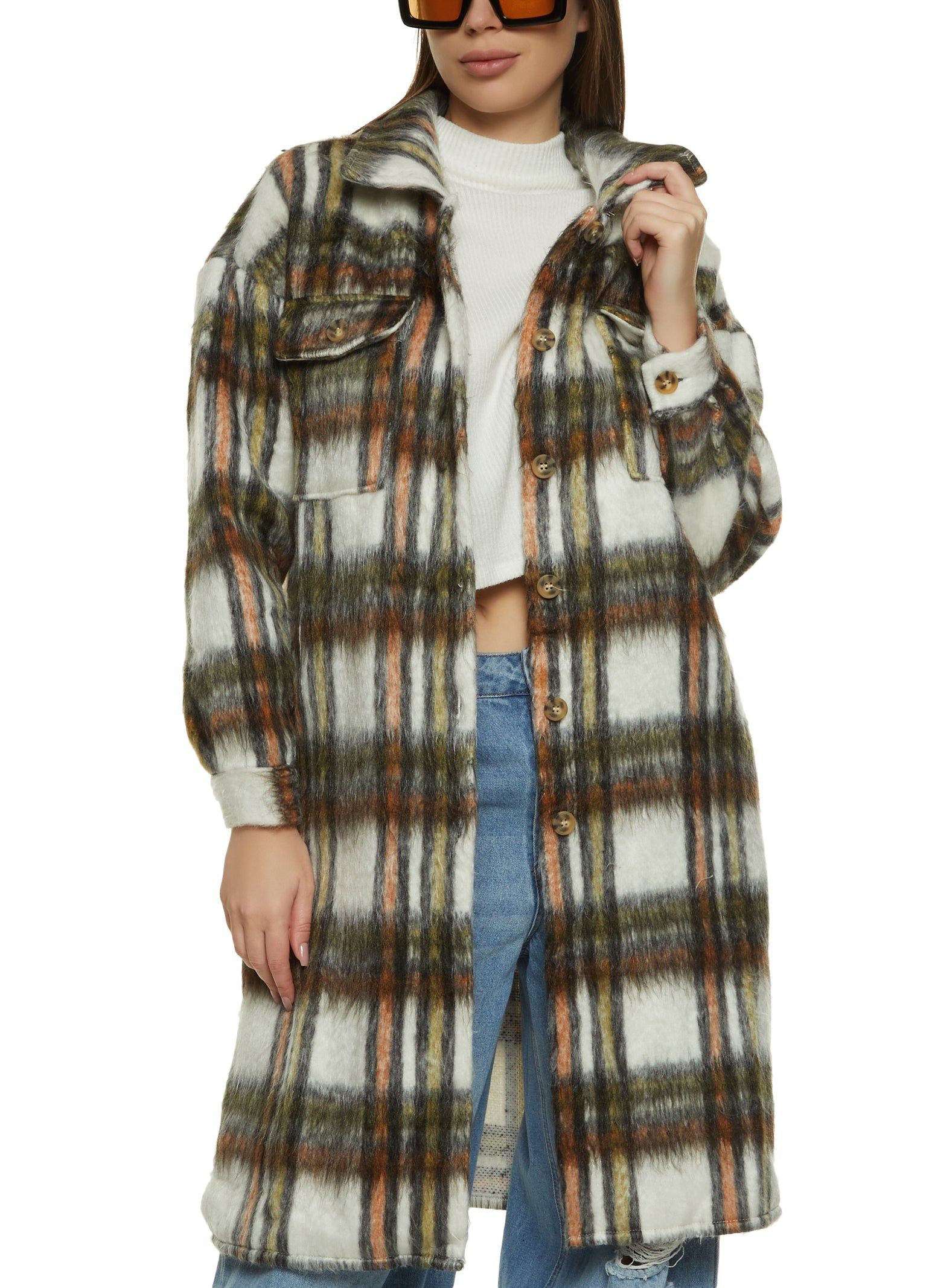 Plaid Brushed Knit Long Shacket sold by Rainbow