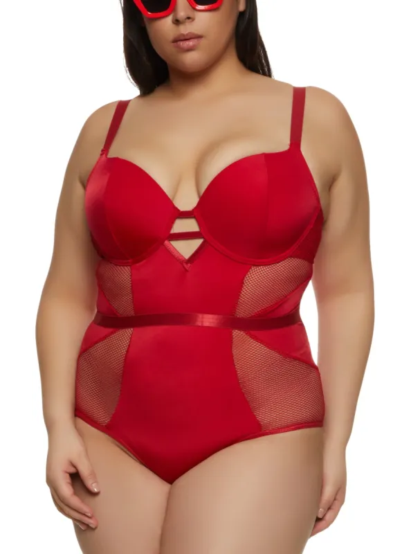 Plus Size Fishnet Insert Caged Detail Bustier Bodysuit sold by Rainbow