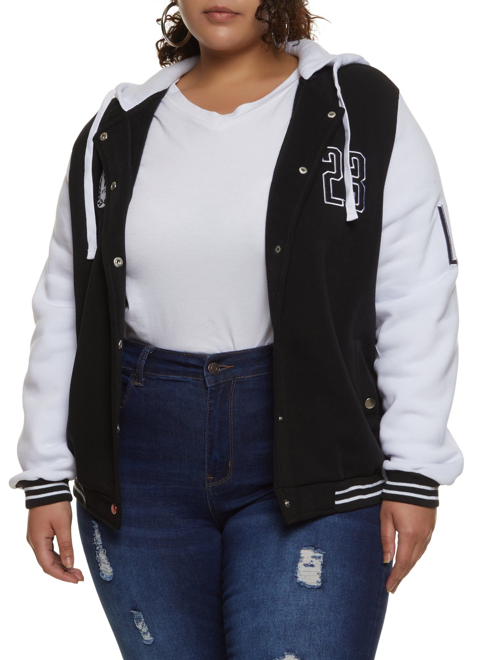 Plus Size 23 Patch Graphic Hooded Baseball Jacket sold by Rainbow