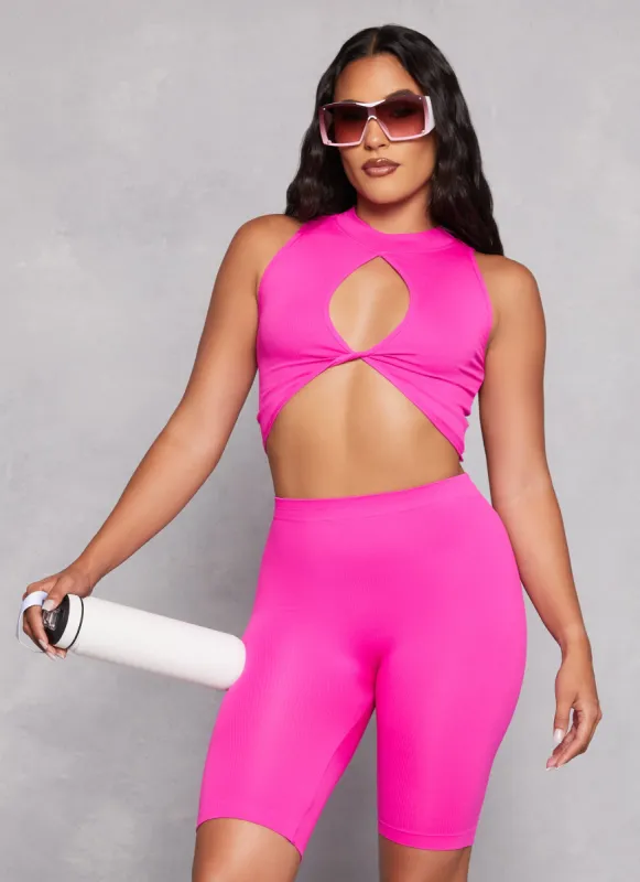 Seamless Ribbed Keyhole Mock Neck Crop Top sold by Rainbow