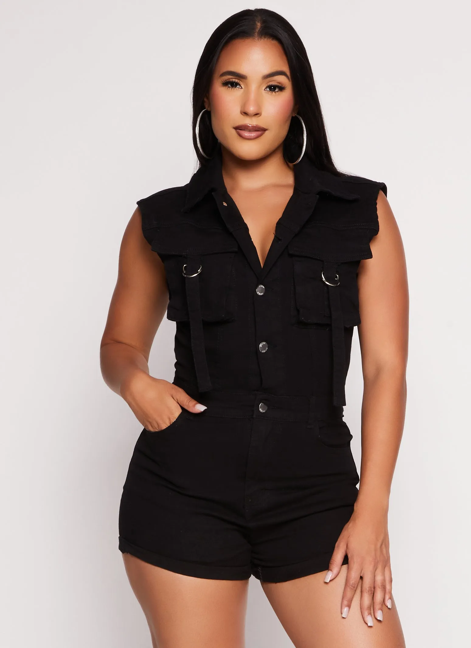 Daisy Denim Sleeveless Utility Romper sold by Rainbow