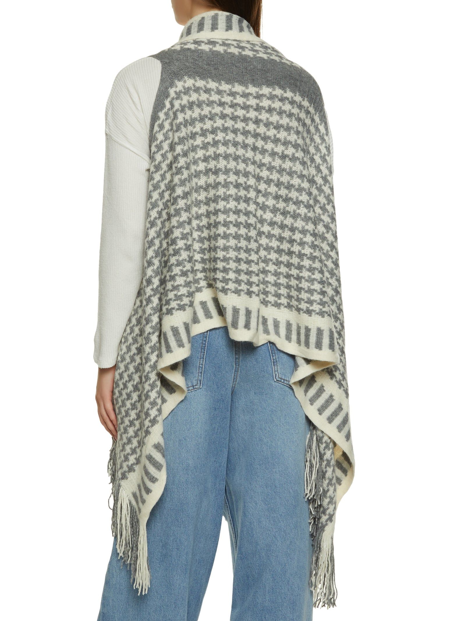 Brushed Knit Houndstooth Fringe Wrap Poncho sold by Rainbow product image thumbnail 2