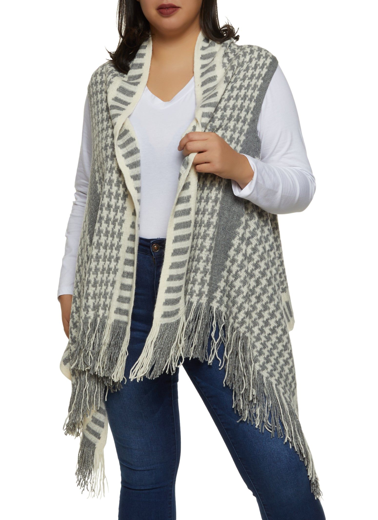 Brushed Knit Houndstooth Fringe Wrap Poncho sold by Rainbow product image thumbnail 3