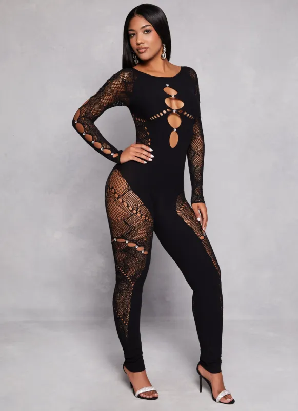 Rhinestone Cut Out Seamless Catsuit sold by Rainbow