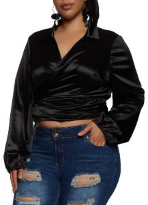 Plus Size Long Sleeve Cropped Wrap Top sold by Rainbow