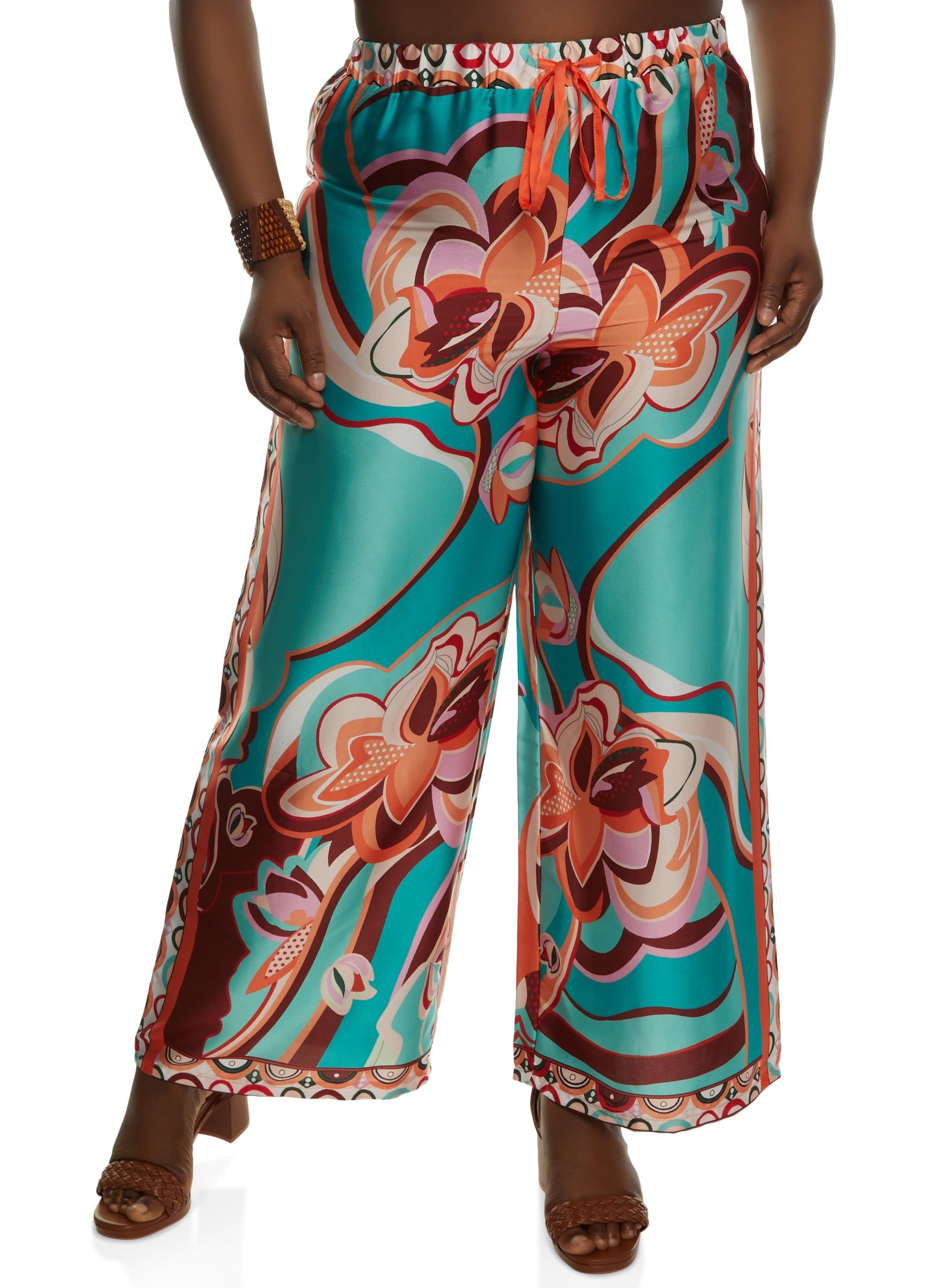 Plus Size Satin Floral Print Wide Leg Pants sold by Rainbow
