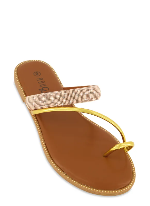 Studded Rhinestone Band Toe Loop Slide Sandals sold by Rainbow