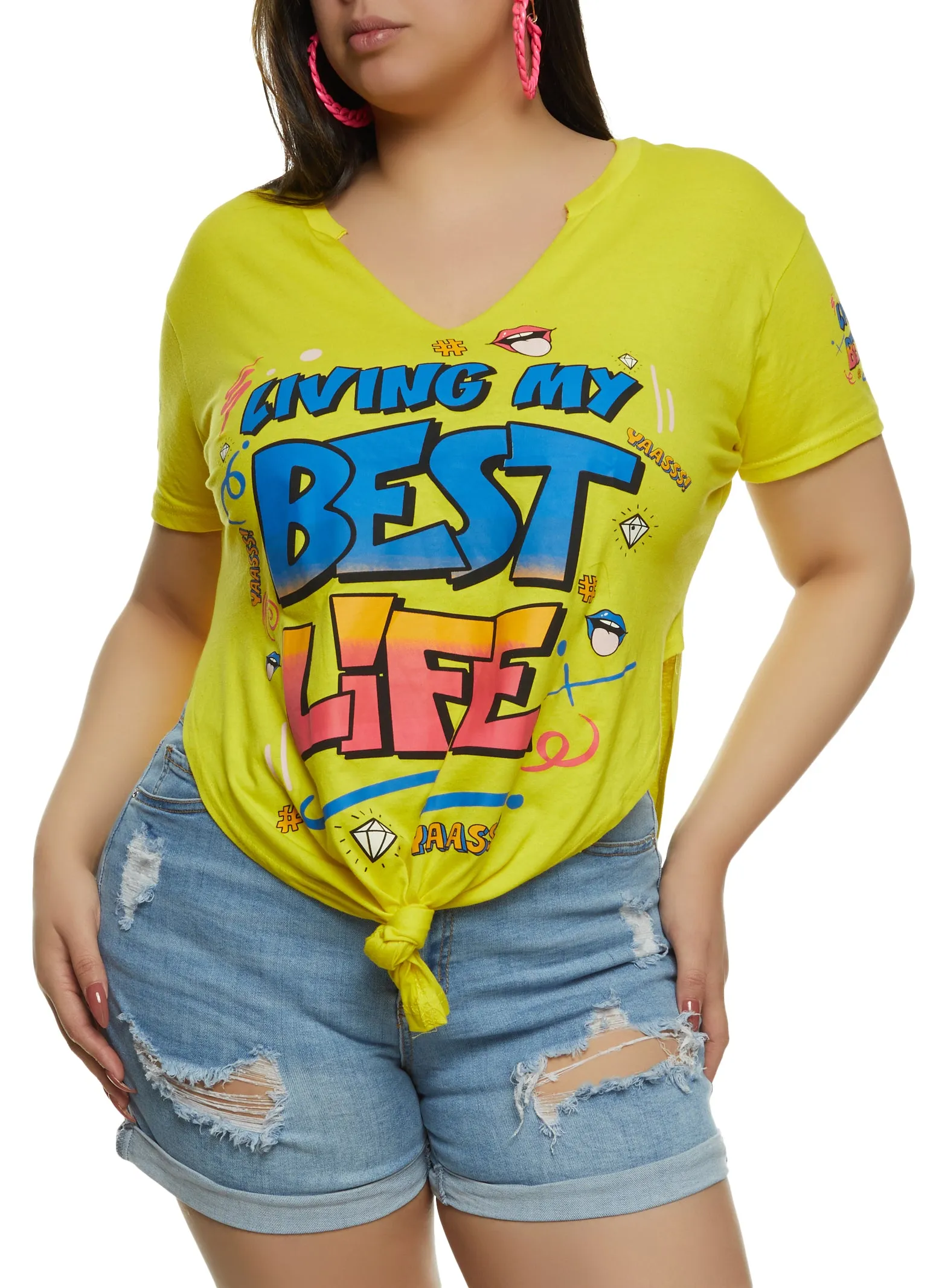 Plus Size Living My Best Life Hanky Hem Graphic Tee sold by Rainbow
