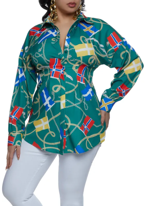 Plus Size Status Print Button Front Pleated Shirt sold by Rainbow